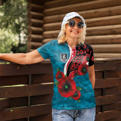 Port Power ANZAC Personalised Women Polo Shirt Lest We Forget Poppy Camo