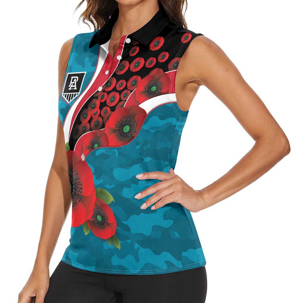 Port Power ANZAC Personalised Women Sleeveless Polo Shirt Lest We Forget Poppy Camo