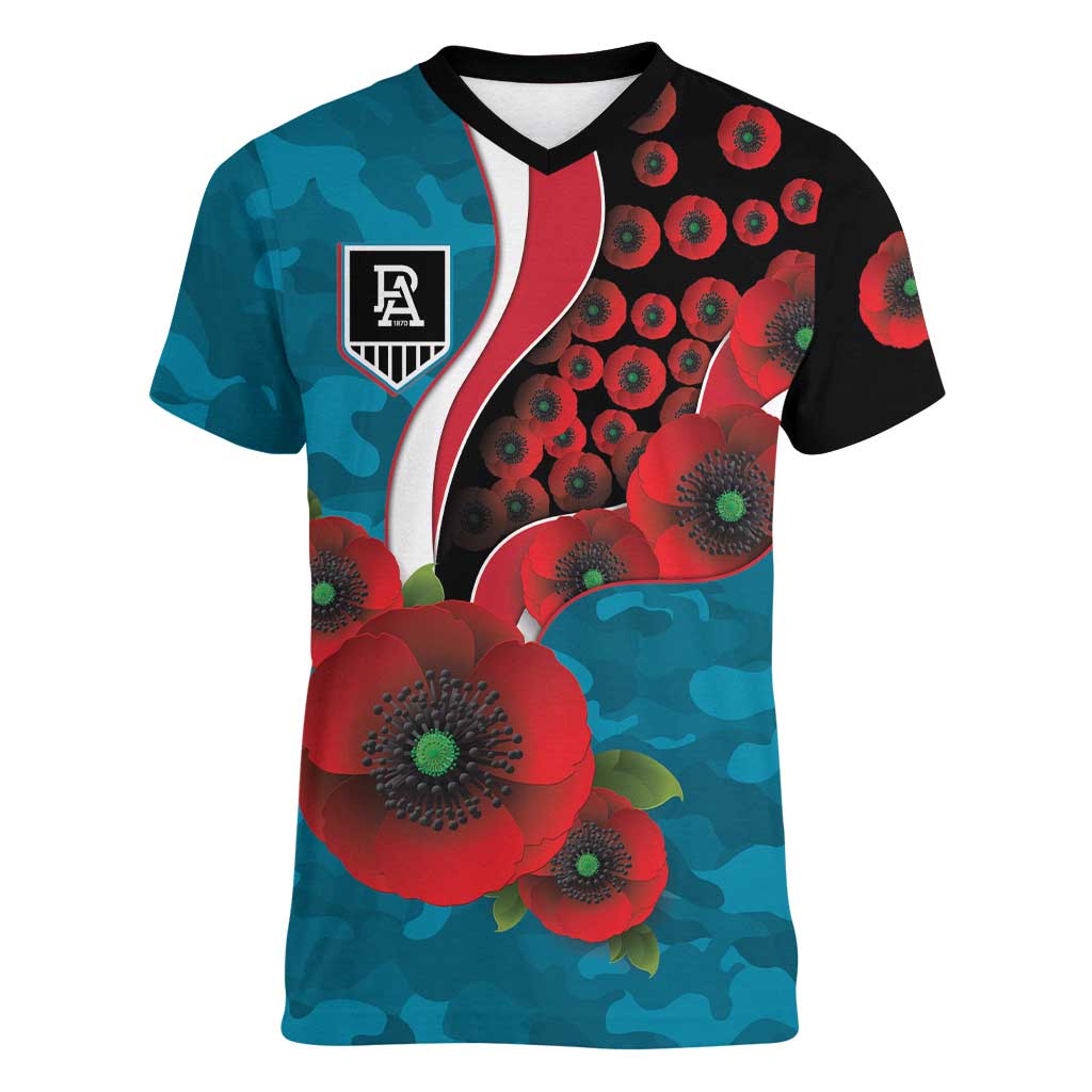 Port Power ANZAC Personalised Women V-Neck T-Shirt Lest We Forget Poppy Camo