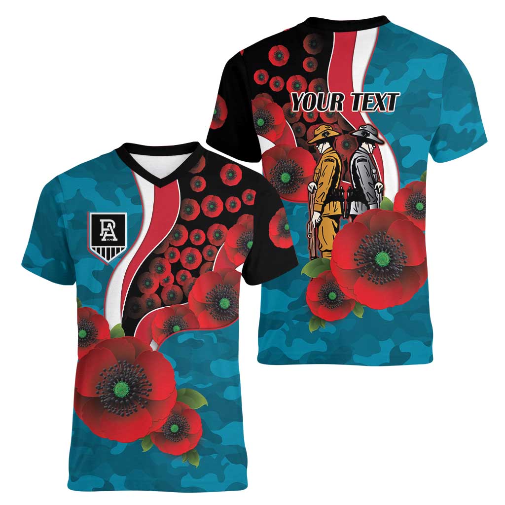 Port Power ANZAC Personalised Women V-Neck T-Shirt Lest We Forget Poppy Camo