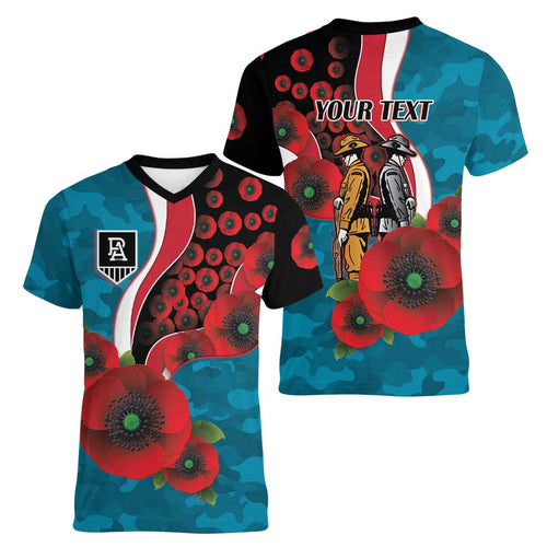 Port Power ANZAC Personalised Women V-Neck T-Shirt Lest We Forget Poppy Camo