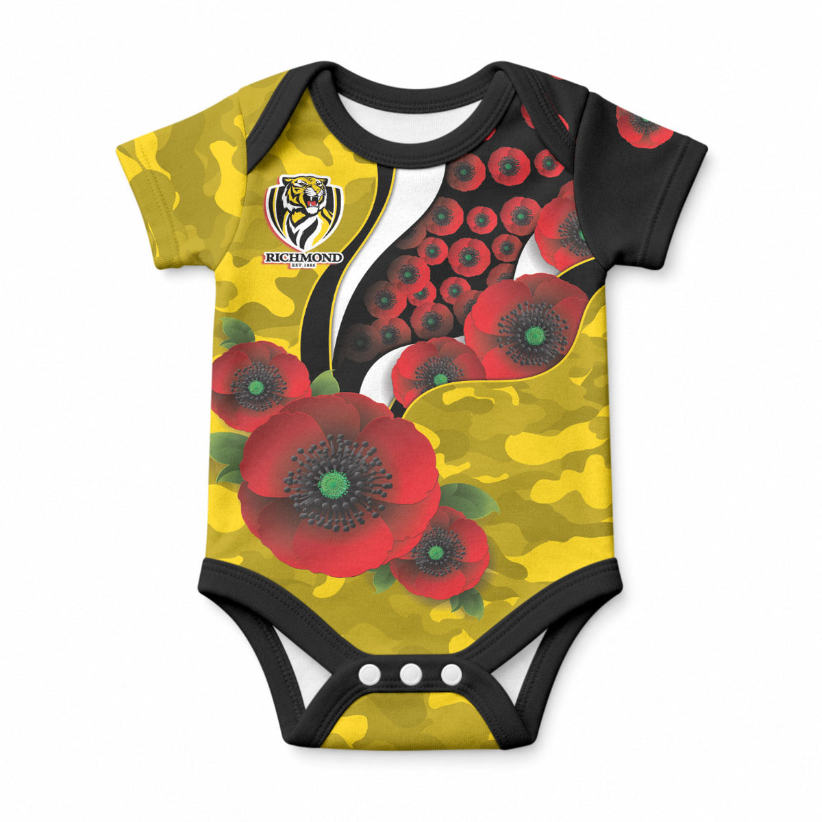 Richmond Tigers ANZAC Personalised Baby Onesie Lest We Forget Poppy Camo