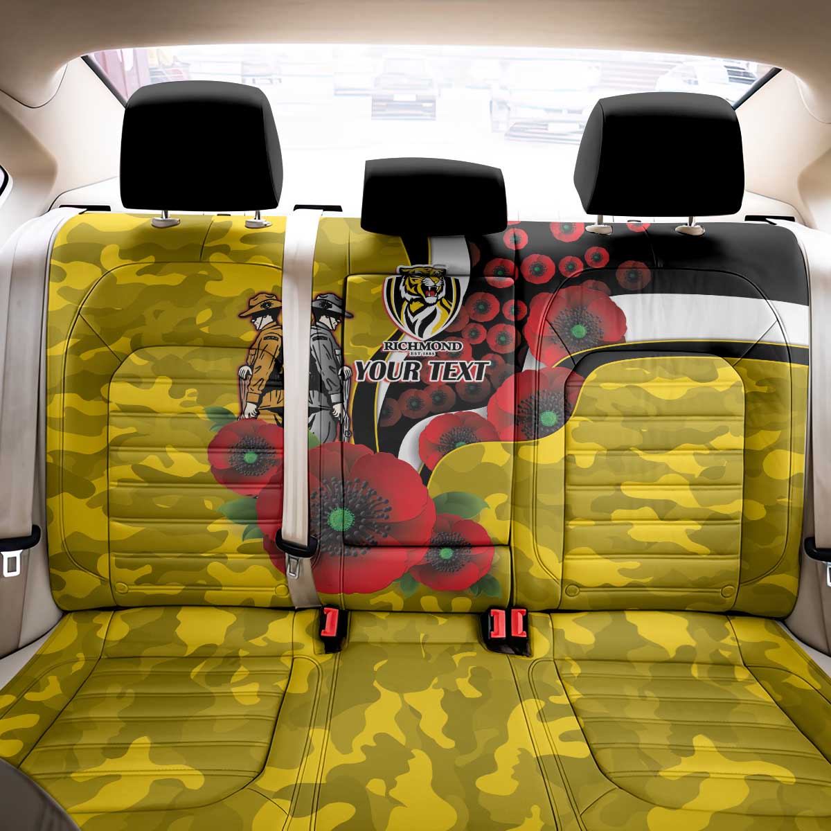 Richmond Tigers ANZAC Personalised Back Car Seat Cover Lest We Forget Poppy Camo