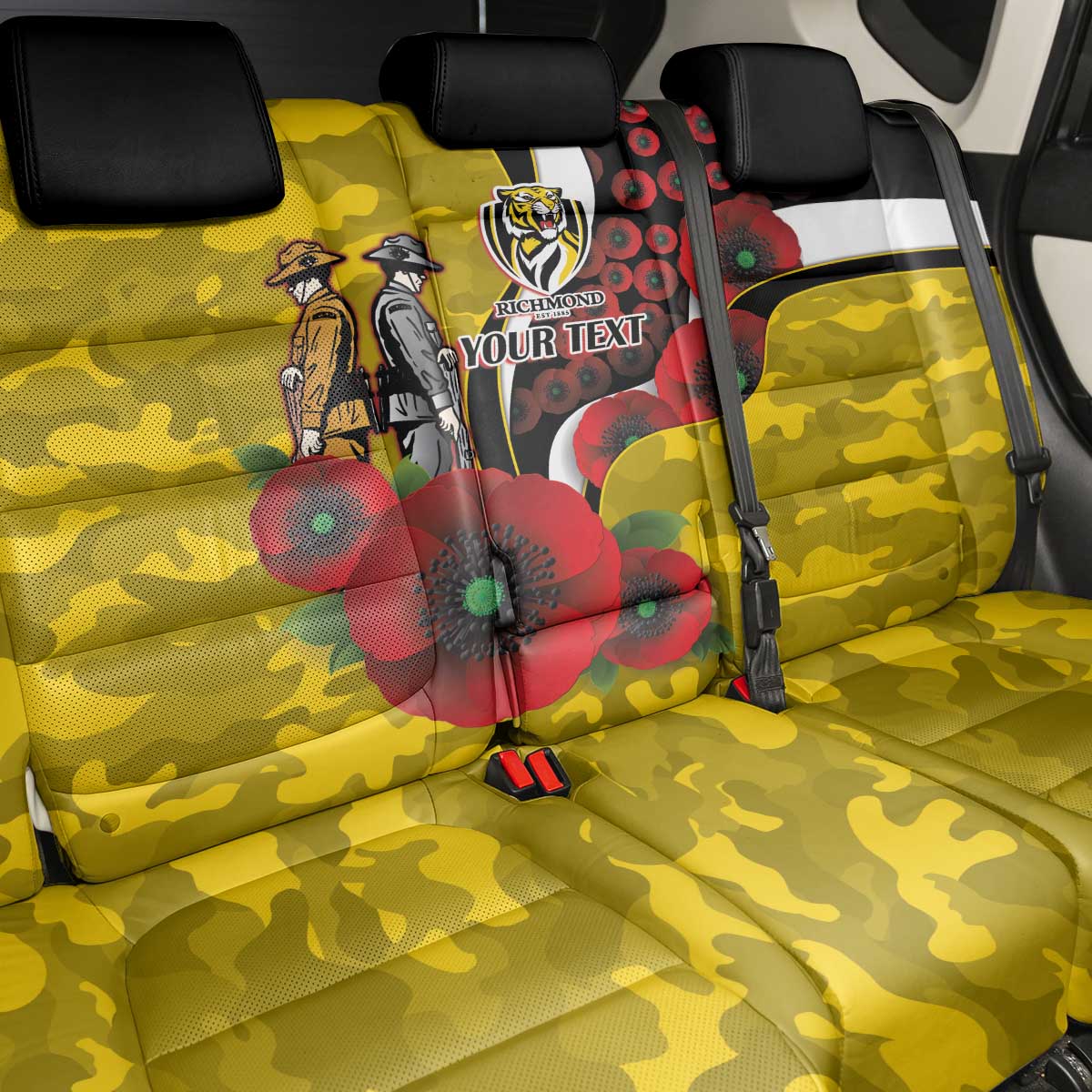 Richmond Tigers ANZAC Personalised Back Car Seat Cover Lest We Forget Poppy Camo