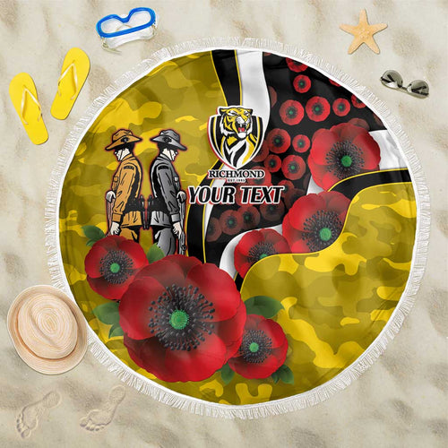 Richmond Tigers ANZAC Personalised Beach Blanket Lest We Forget Poppy Camo