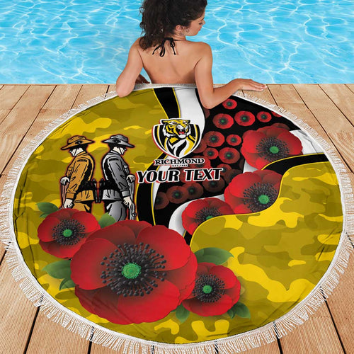 Richmond Tigers ANZAC Personalised Beach Blanket Lest We Forget Poppy Camo