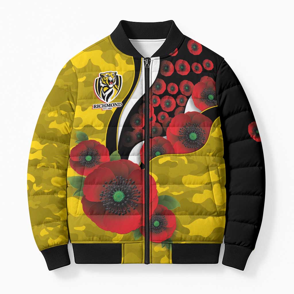 Richmond Tigers ANZAC Personalised Bomber Puffer Jacket Lest We Forget Poppy Camo