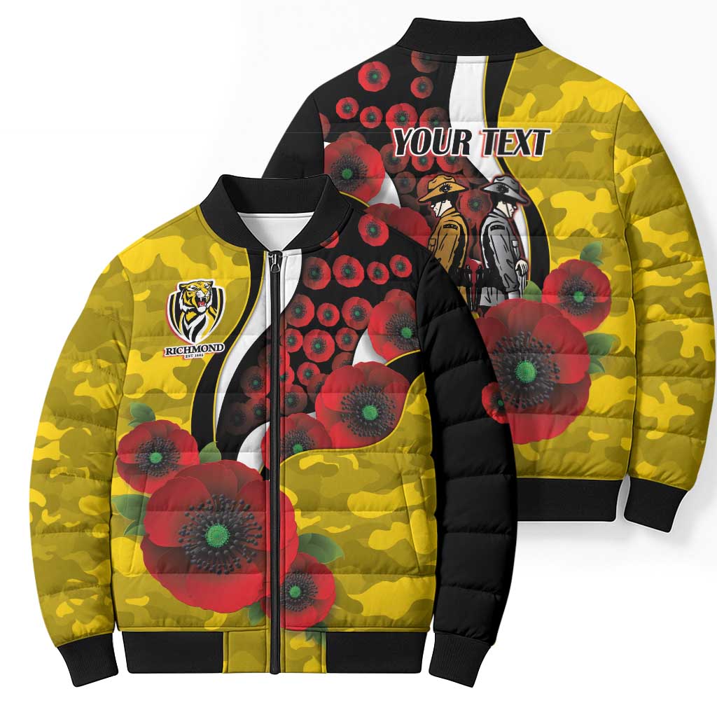 Richmond Tigers ANZAC Personalised Bomber Puffer Jacket Lest We Forget Poppy Camo