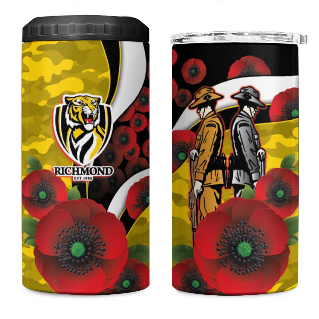 Richmond Tigers ANZAC Personalised 4 in 1 Can Cooler Tumbler Lest We Forget Poppy Camo