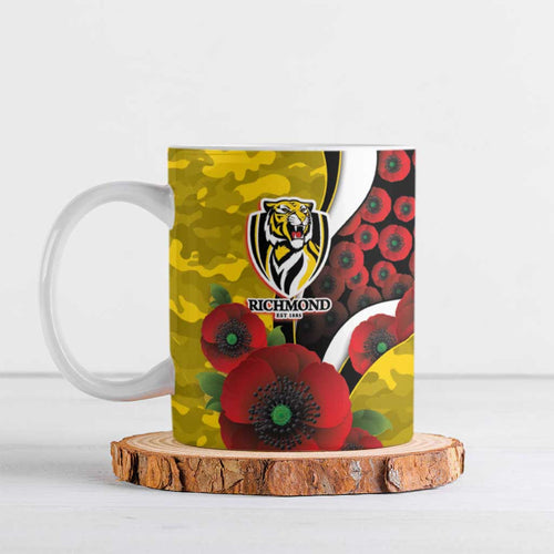 Richmond Tigers ANZAC Personalised Ceramic Mug Lest We Forget Poppy Camo