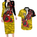 Richmond Tigers ANZAC Personalised Couples Matching Long Sleeve Bodycon Dress and Hawaiian Shirt Lest We Forget Poppy Camo