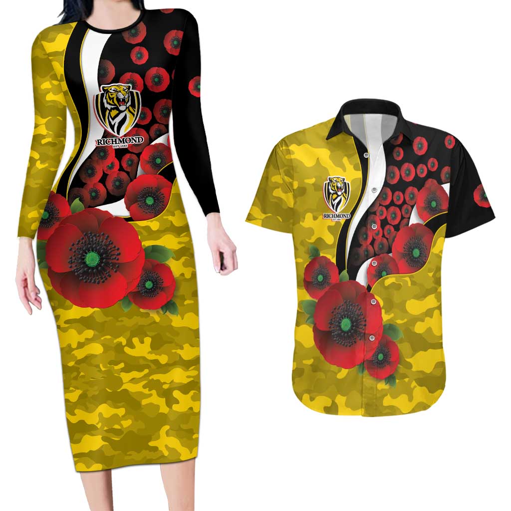 Richmond Tigers ANZAC Personalised Couples Matching Long Sleeve Bodycon Dress and Hawaiian Shirt Lest We Forget Poppy Camo