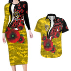 Richmond Tigers ANZAC Personalised Couples Matching Long Sleeve Bodycon Dress and Hawaiian Shirt Lest We Forget Poppy Camo