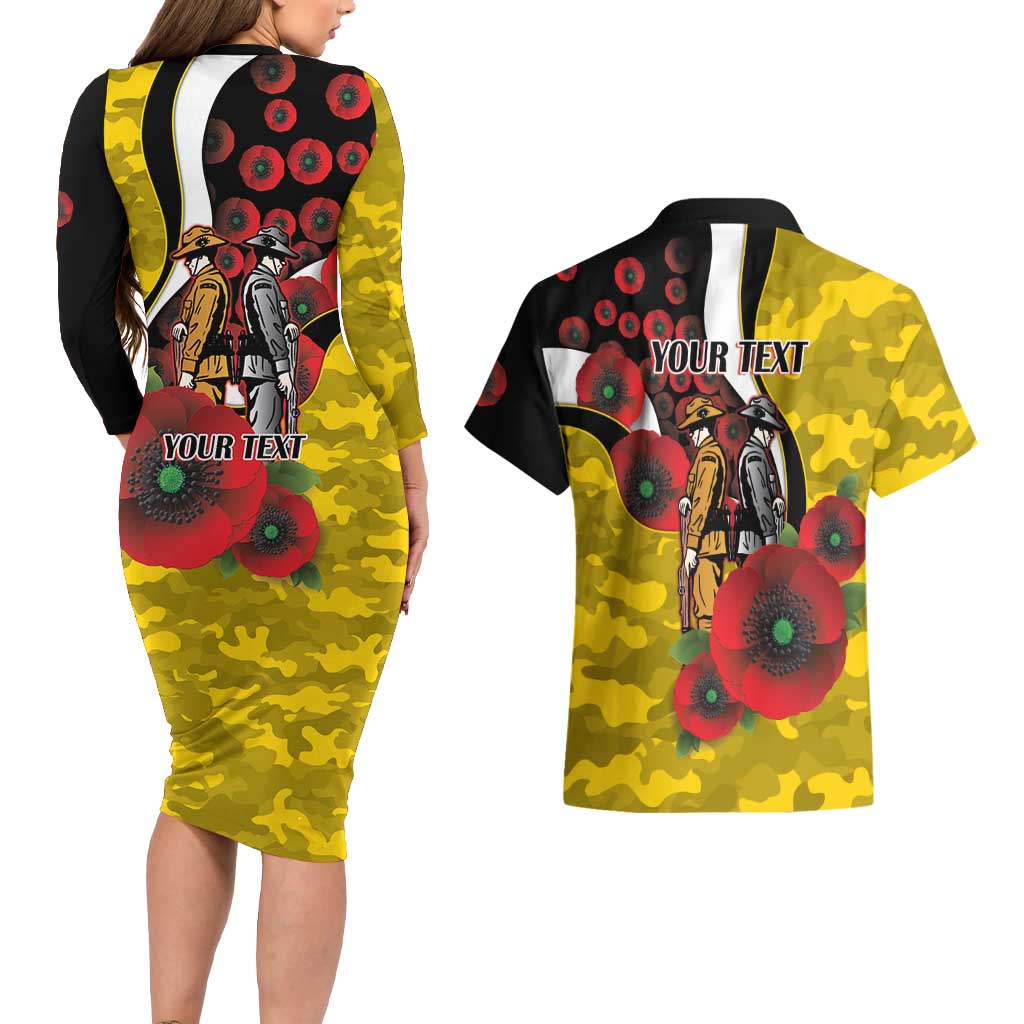 Richmond Tigers ANZAC Personalised Couples Matching Long Sleeve Bodycon Dress and Hawaiian Shirt Lest We Forget Poppy Camo
