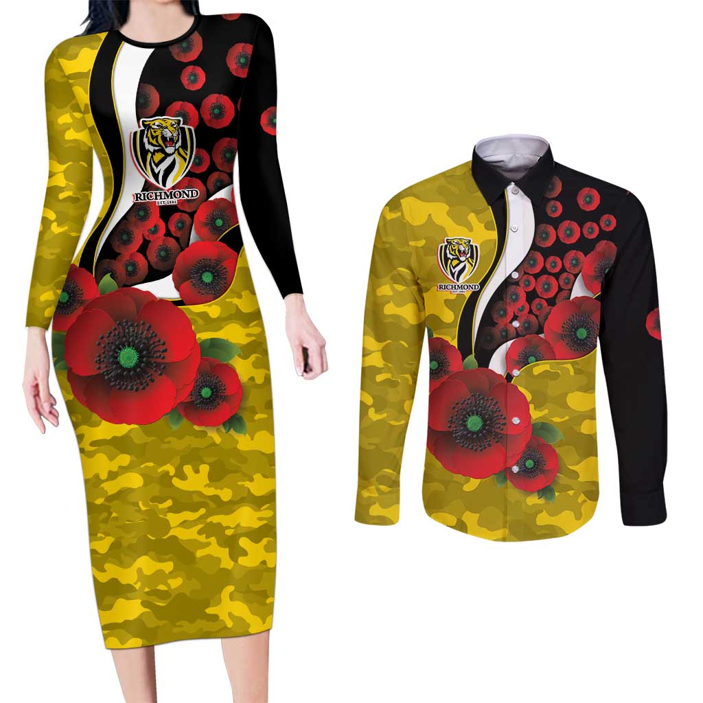 Richmond Tigers ANZAC Personalised Couples Matching Long Sleeve Bodycon Dress and Long Sleeve Button Shirt Lest We Forget Poppy Camo