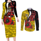 Richmond Tigers ANZAC Personalised Couples Matching Long Sleeve Bodycon Dress and Long Sleeve Button Shirt Lest We Forget Poppy Camo