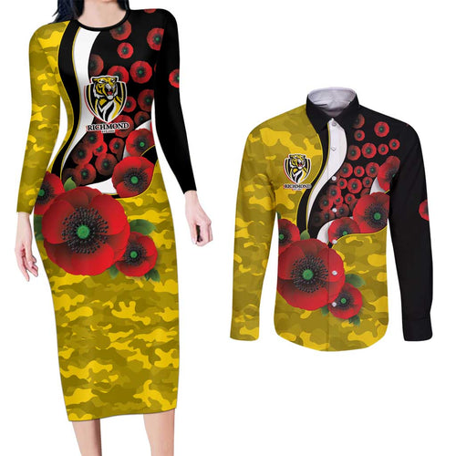 Richmond Tigers ANZAC Personalised Couples Matching Long Sleeve Bodycon Dress and Long Sleeve Button Shirt Lest We Forget Poppy Camo