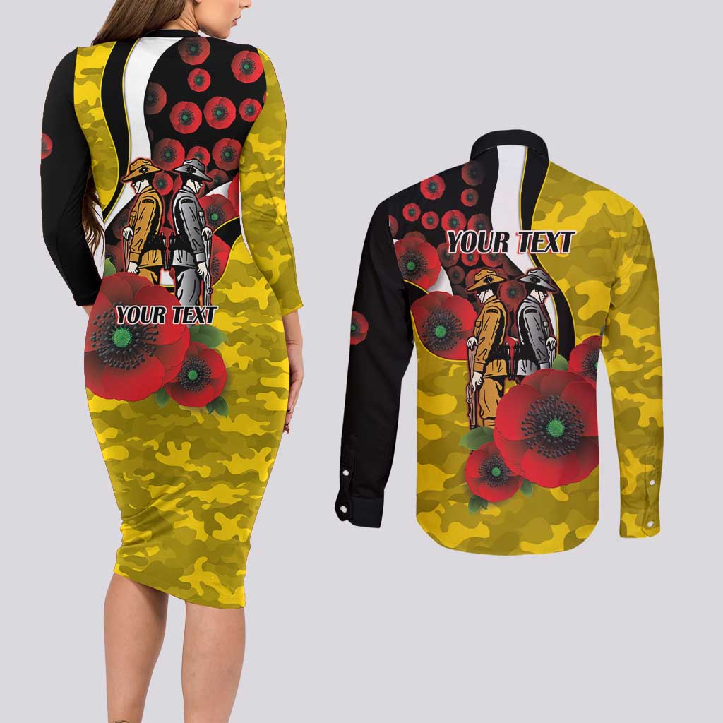 Richmond Tigers ANZAC Personalised Couples Matching Long Sleeve Bodycon Dress and Long Sleeve Button Shirt Lest We Forget Poppy Camo