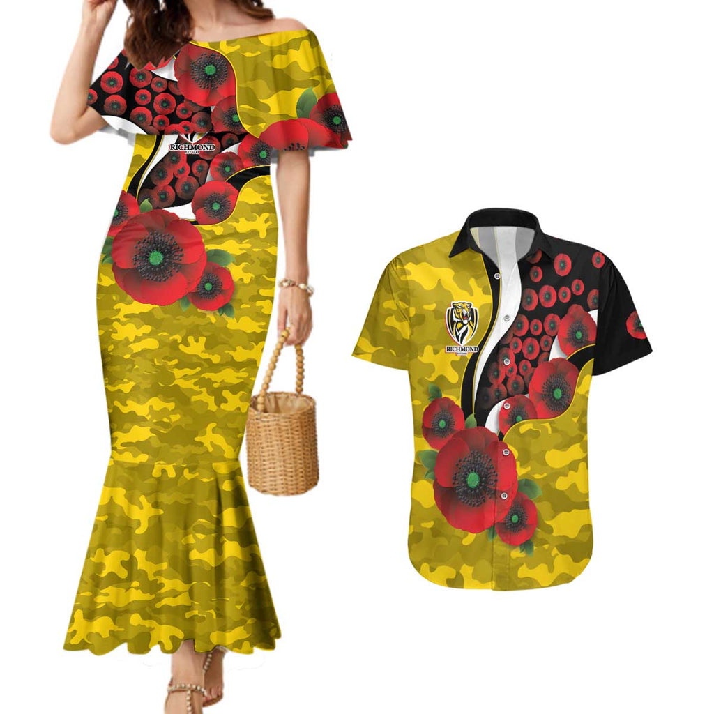 Richmond Tigers ANZAC Personalised Couples Matching Mermaid Dress and Hawaiian Shirt Lest We Forget Poppy Camo