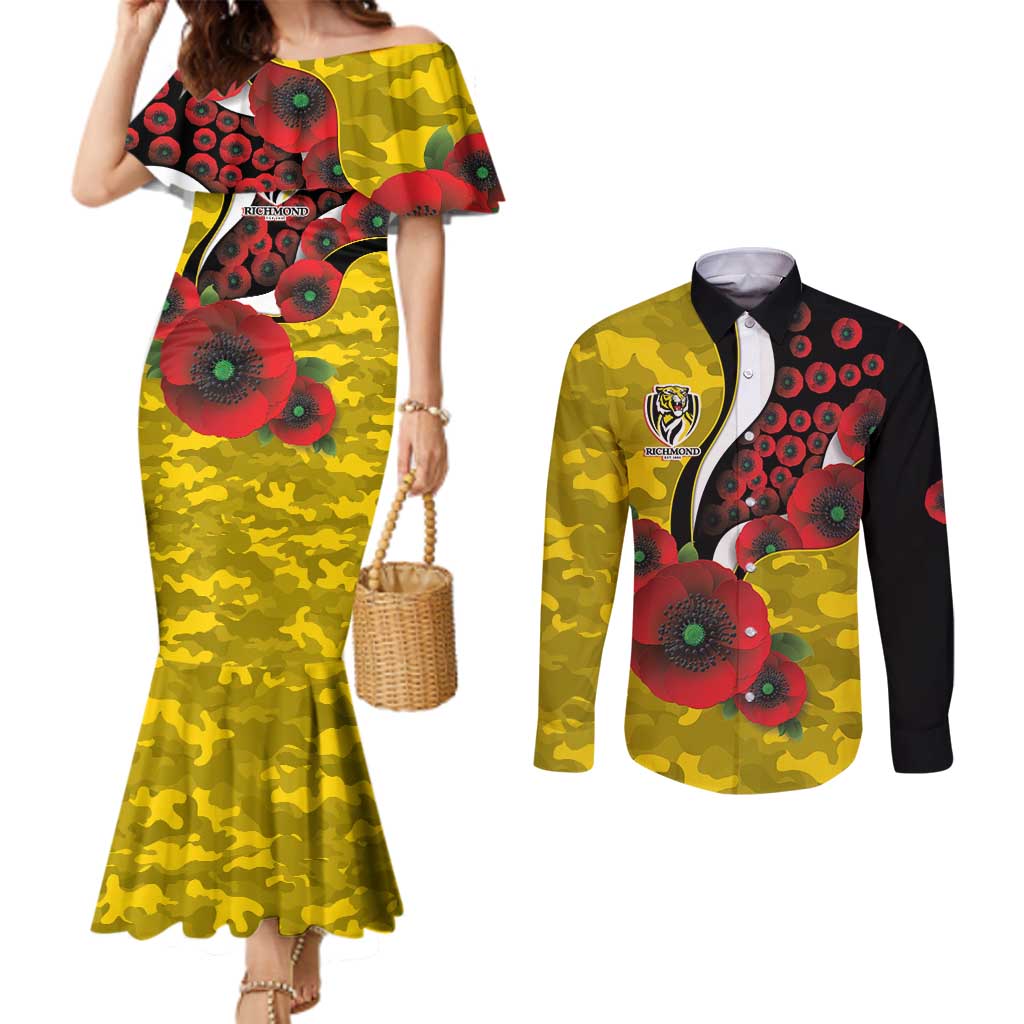 Richmond Tigers ANZAC Personalised Couples Matching Mermaid Dress and Long Sleeve Button Shirt Lest We Forget Poppy Camo