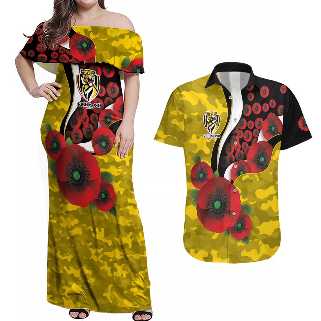 Richmond Tigers ANZAC Personalised Couples Matching Off Shoulder Maxi Dress and Hawaiian Shirt Lest We Forget Poppy Camo
