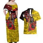 Richmond Tigers ANZAC Personalised Couples Matching Off Shoulder Maxi Dress and Hawaiian Shirt Lest We Forget Poppy Camo