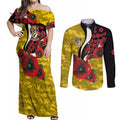 Richmond Tigers ANZAC Personalised Couples Matching Off Shoulder Maxi Dress and Long Sleeve Button Shirt Lest We Forget Poppy Camo