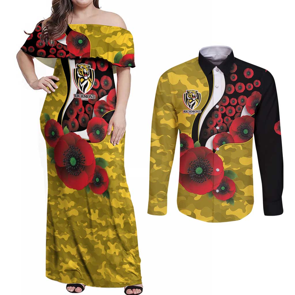Richmond Tigers ANZAC Personalised Couples Matching Off Shoulder Maxi Dress and Long Sleeve Button Shirt Lest We Forget Poppy Camo