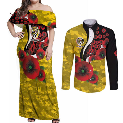 Richmond Tigers ANZAC Personalised Couples Matching Off Shoulder Maxi Dress and Long Sleeve Button Shirt Lest We Forget Poppy Camo
