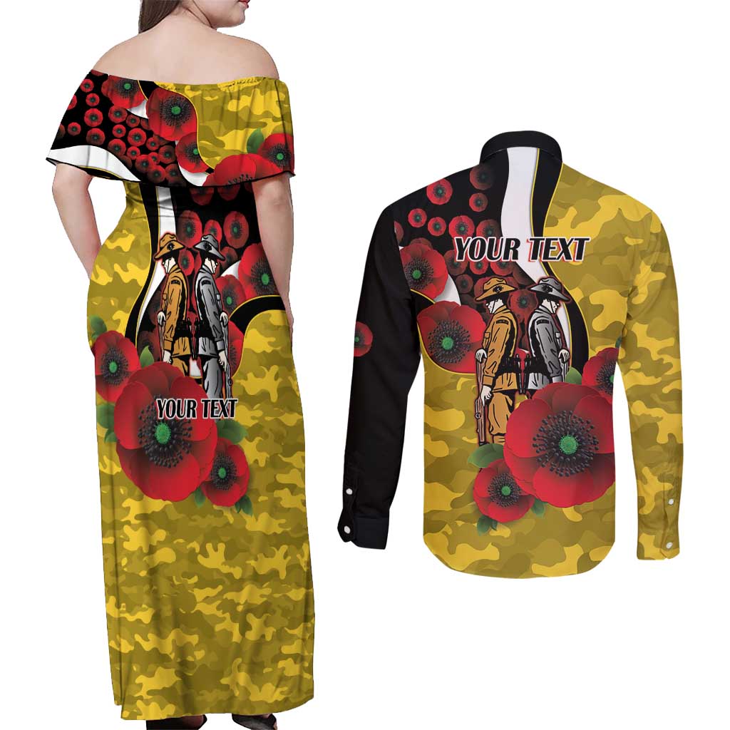 Richmond Tigers ANZAC Personalised Couples Matching Off Shoulder Maxi Dress and Long Sleeve Button Shirt Lest We Forget Poppy Camo