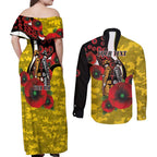 Richmond Tigers ANZAC Personalised Couples Matching Off Shoulder Maxi Dress and Long Sleeve Button Shirt Lest We Forget Poppy Camo