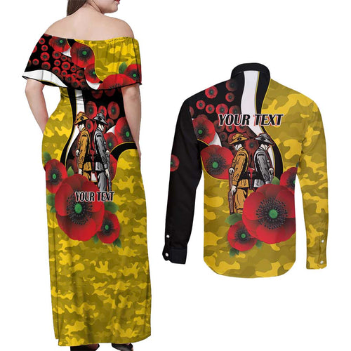 Richmond Tigers ANZAC Personalised Couples Matching Off Shoulder Maxi Dress and Long Sleeve Button Shirt Lest We Forget Poppy Camo