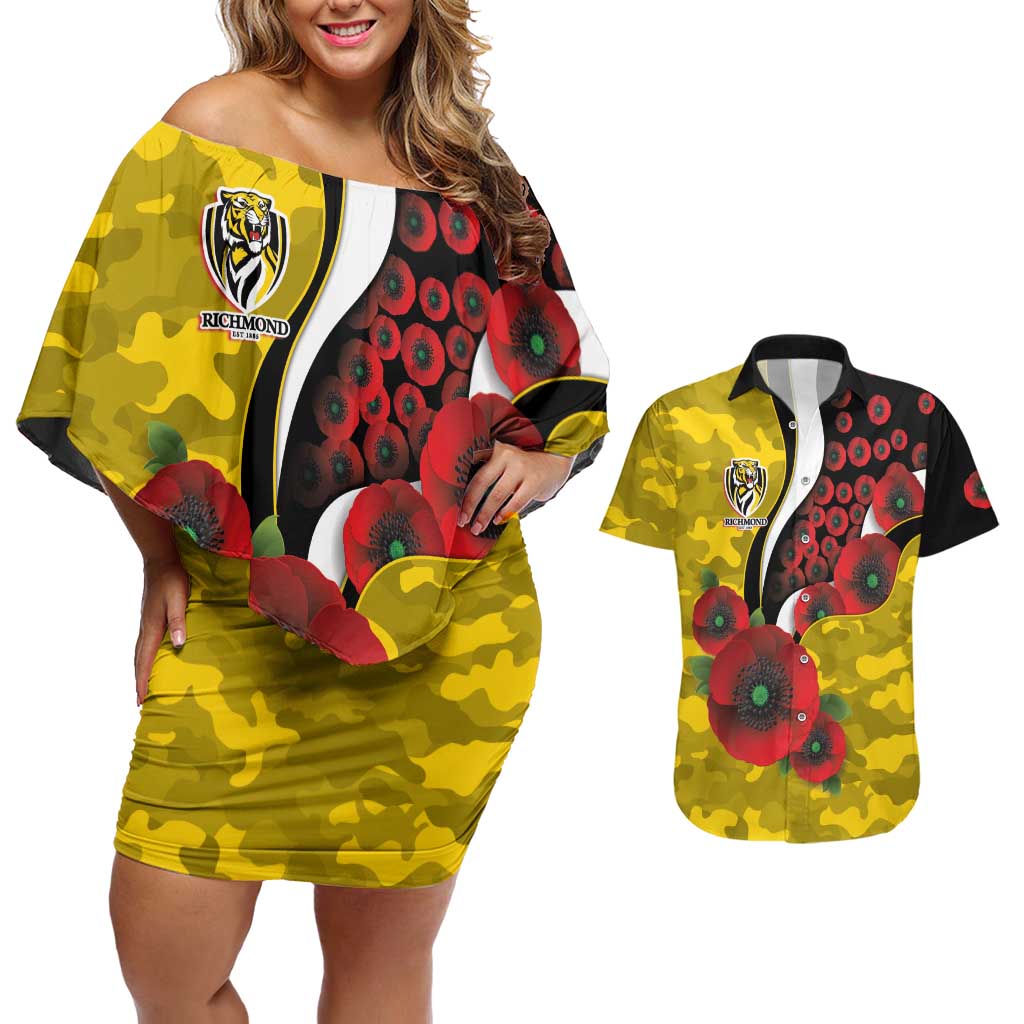 Richmond Tigers ANZAC Personalised Couples Matching Off Shoulder Short Dress and Hawaiian Shirt Lest We Forget Poppy Camo