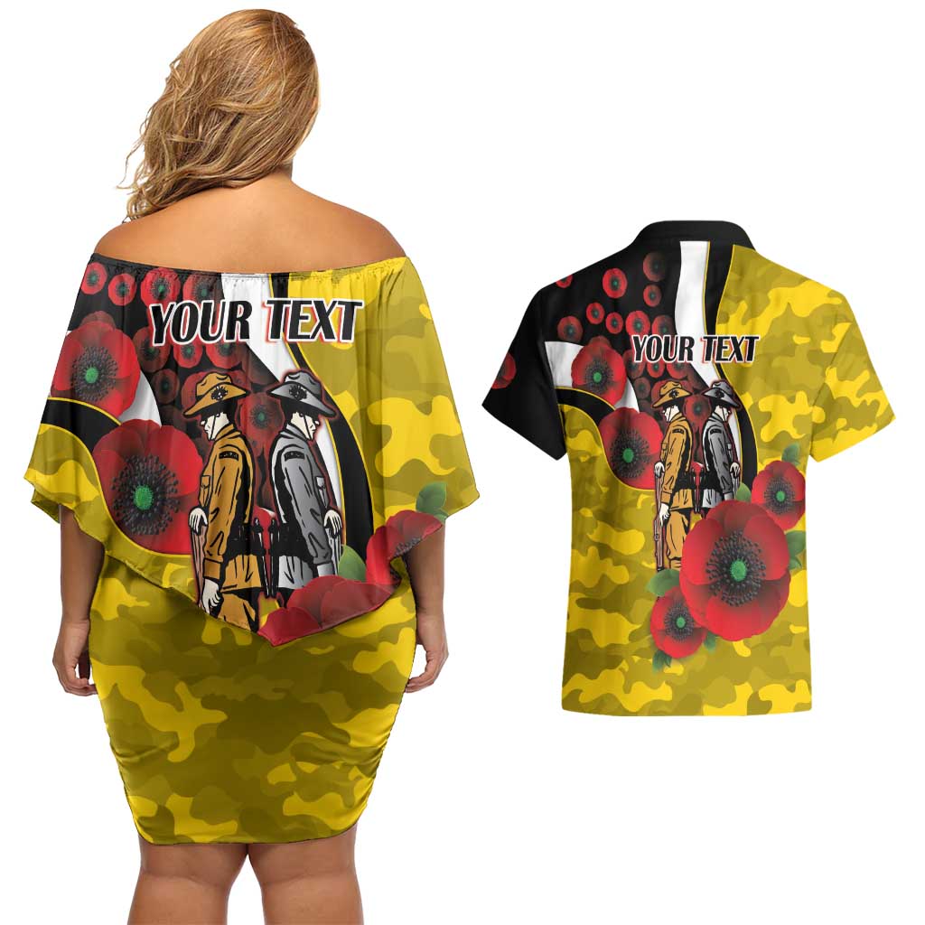 Richmond Tigers ANZAC Personalised Couples Matching Off Shoulder Short Dress and Hawaiian Shirt Lest We Forget Poppy Camo