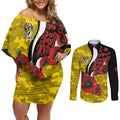 Richmond Tigers ANZAC Personalised Couples Matching Off Shoulder Short Dress and Long Sleeve Button Shirt Lest We Forget Poppy Camo