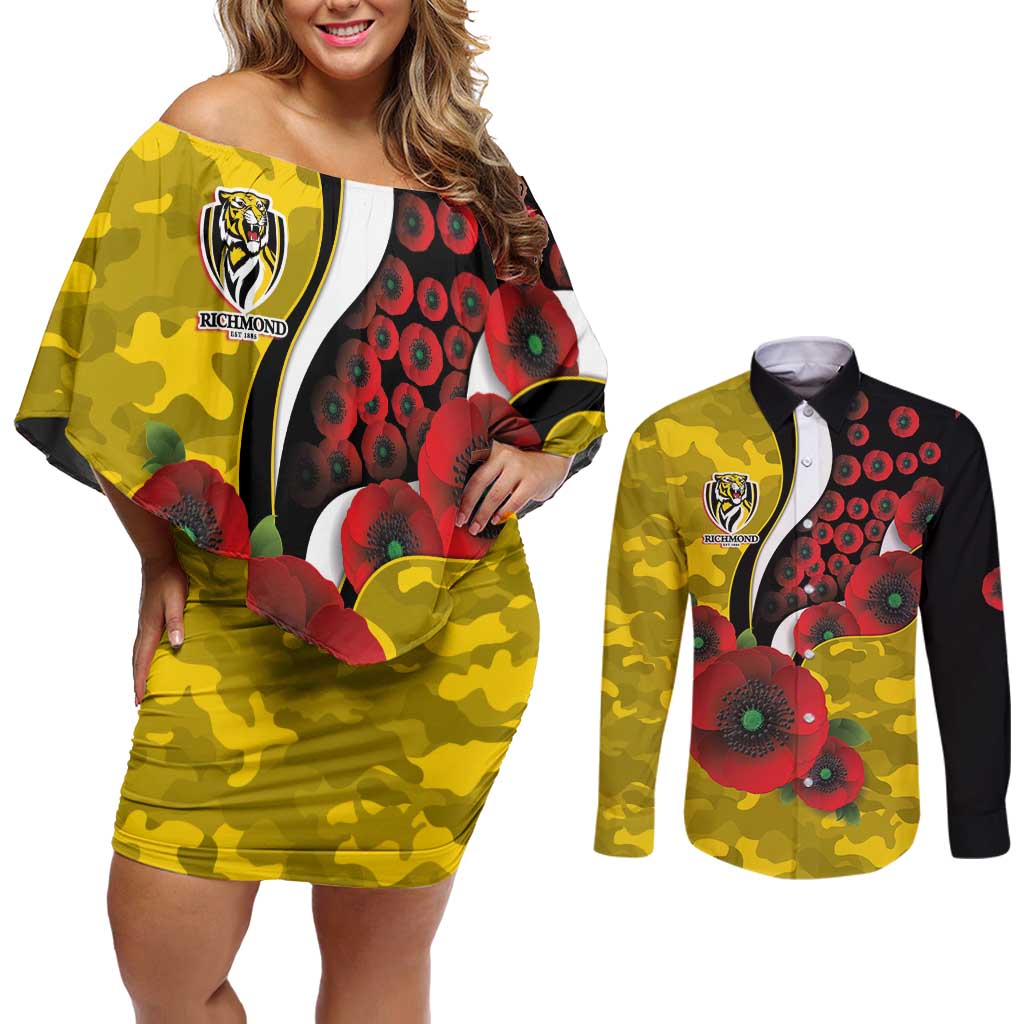 Richmond Tigers ANZAC Personalised Couples Matching Off Shoulder Short Dress and Long Sleeve Button Shirt Lest We Forget Poppy Camo