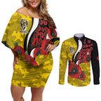 Richmond Tigers ANZAC Personalised Couples Matching Off Shoulder Short Dress and Long Sleeve Button Shirt Lest We Forget Poppy Camo