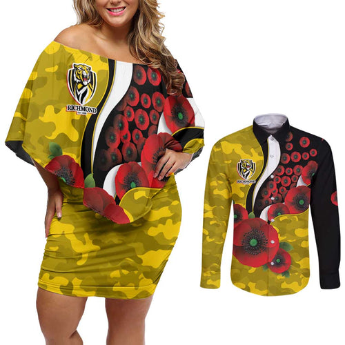 Richmond Tigers ANZAC Personalised Couples Matching Off Shoulder Short Dress and Long Sleeve Button Shirt Lest We Forget Poppy Camo