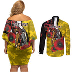 Richmond Tigers ANZAC Personalised Couples Matching Off Shoulder Short Dress and Long Sleeve Button Shirt Lest We Forget Poppy Camo