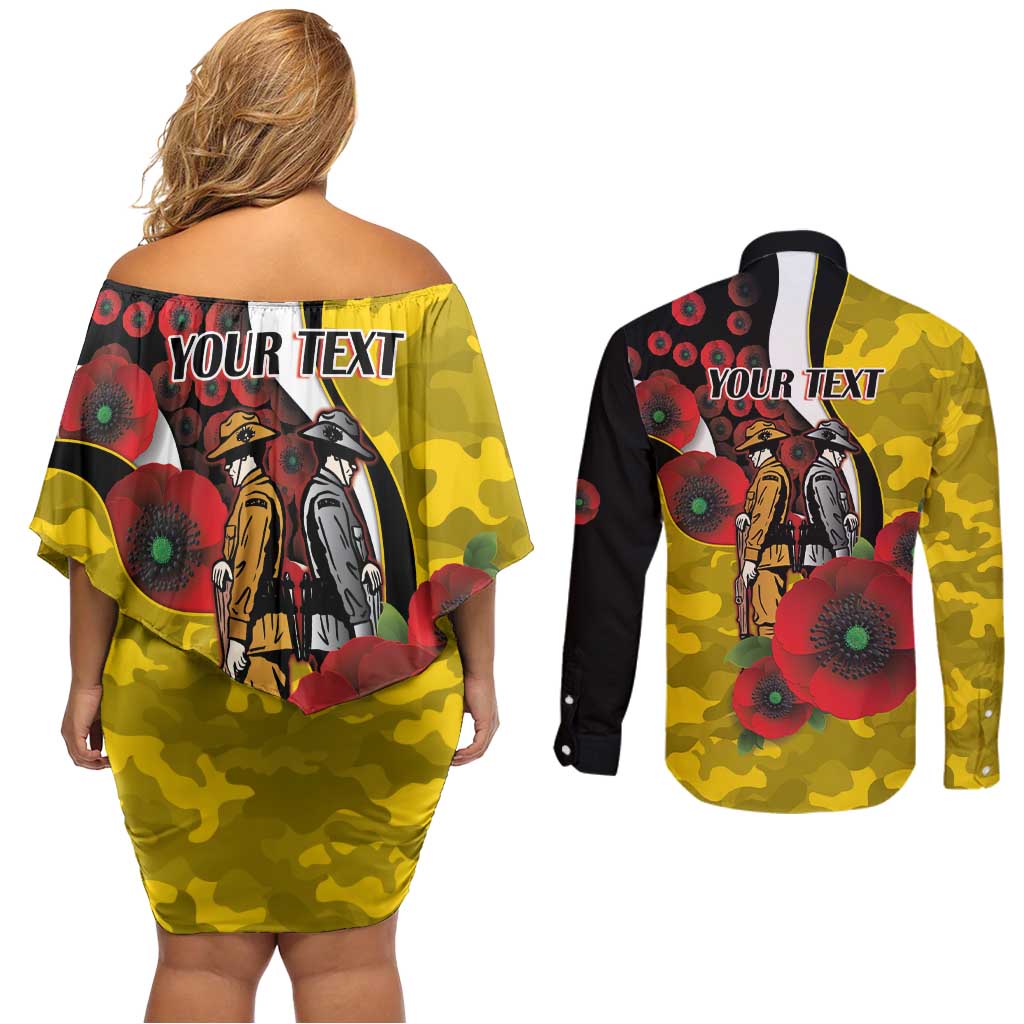 Richmond Tigers ANZAC Personalised Couples Matching Off Shoulder Short Dress and Long Sleeve Button Shirt Lest We Forget Poppy Camo