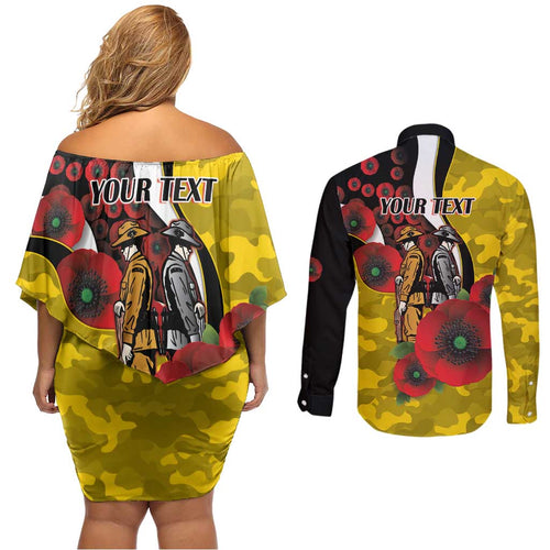 Richmond Tigers ANZAC Personalised Couples Matching Off Shoulder Short Dress and Long Sleeve Button Shirt Lest We Forget Poppy Camo