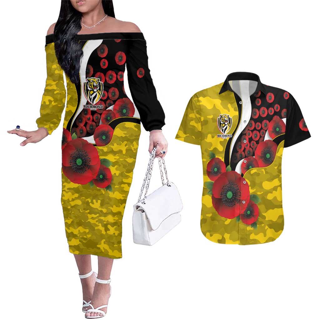 Richmond Tigers ANZAC Personalised Couples Matching Off The Shoulder Long Sleeve Dress and Hawaiian Shirt Lest We Forget Poppy Camo