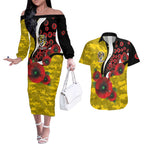 Richmond Tigers ANZAC Personalised Couples Matching Off The Shoulder Long Sleeve Dress and Hawaiian Shirt Lest We Forget Poppy Camo