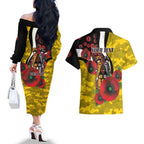 Richmond Tigers ANZAC Personalised Couples Matching Off The Shoulder Long Sleeve Dress and Hawaiian Shirt Lest We Forget Poppy Camo