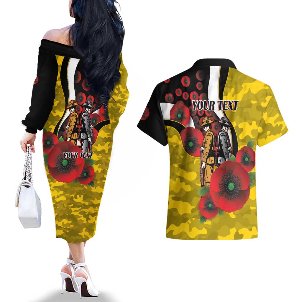 Richmond Tigers ANZAC Personalised Couples Matching Off The Shoulder Long Sleeve Dress and Hawaiian Shirt Lest We Forget Poppy Camo