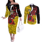 Richmond Tigers ANZAC Personalised Couples Matching Off The Shoulder Long Sleeve Dress and Long Sleeve Button Shirt Lest We Forget Poppy Camo