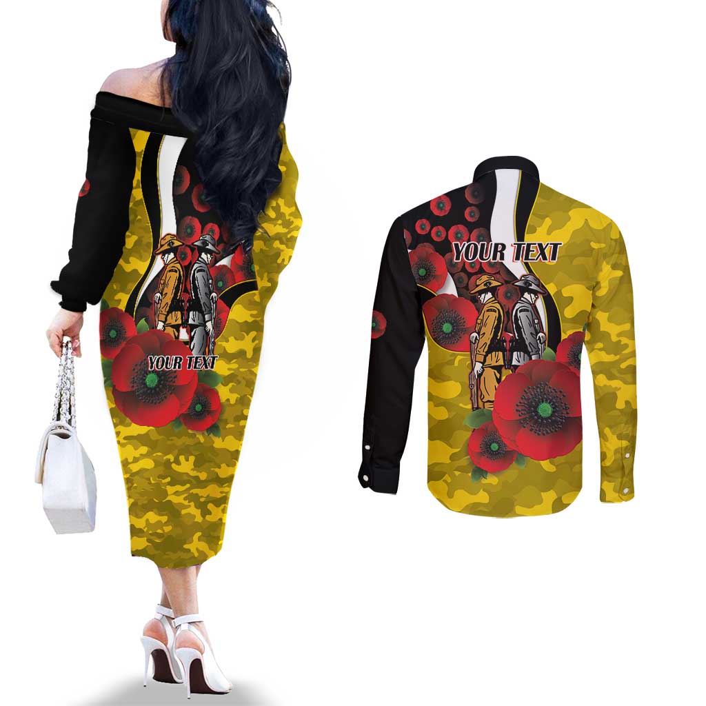 Richmond Tigers ANZAC Personalised Couples Matching Off The Shoulder Long Sleeve Dress and Long Sleeve Button Shirt Lest We Forget Poppy Camo