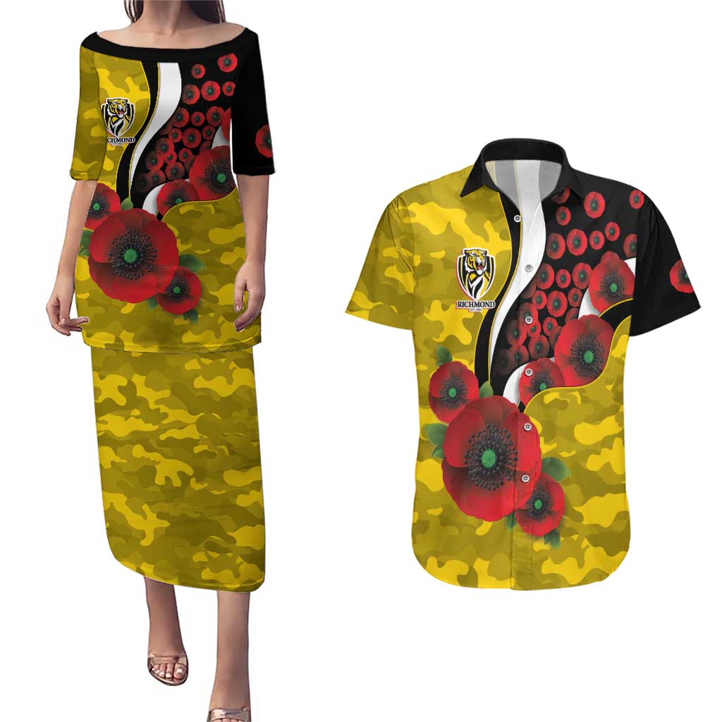Richmond Tigers ANZAC Personalised Couples Matching Puletasi and Hawaiian Shirt Lest We Forget Poppy Camo