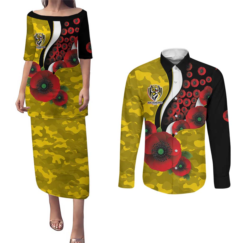 Richmond Tigers ANZAC Personalised Couples Matching Puletasi and Long Sleeve Button Shirt Lest We Forget Poppy Camo