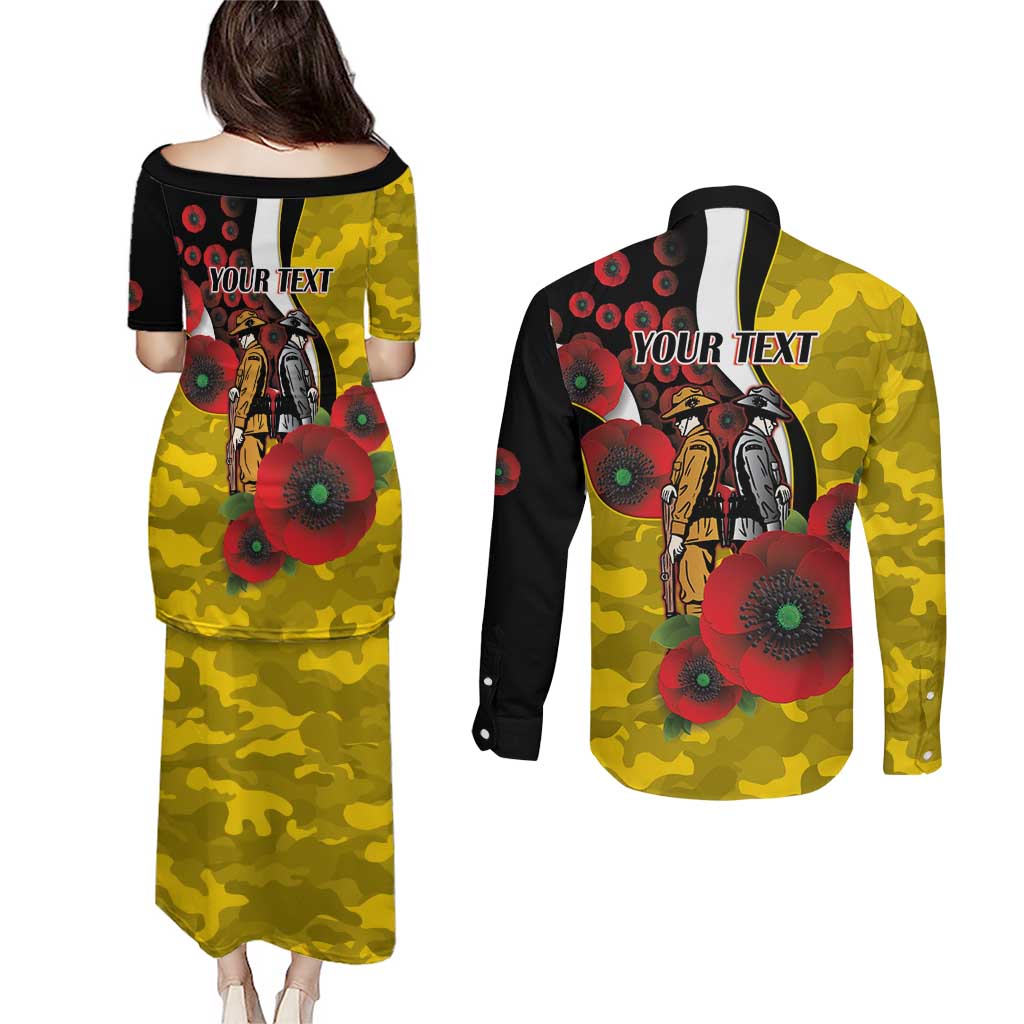 Richmond Tigers ANZAC Personalised Couples Matching Puletasi and Long Sleeve Button Shirt Lest We Forget Poppy Camo